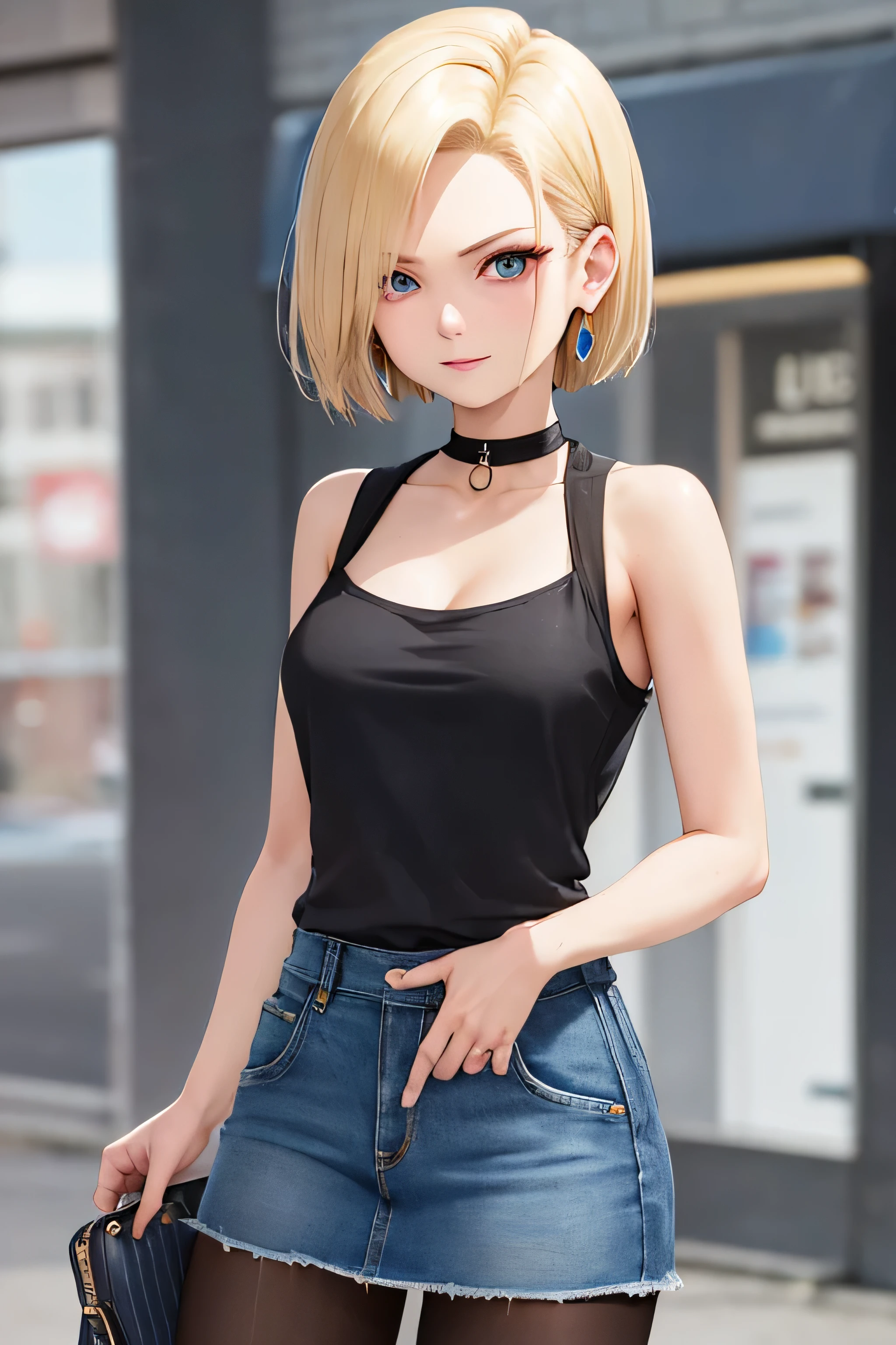 best quality, highres, and18, 1girl, android 18, solo, blonde hair, blue eyes, short hair, earrings, jewelry, denim vest, open vest, black pantyhose, black shirt, denim skirt, striped long sleeves, blue skirt, medium breasts, cowboy shot, street, off-the-shoulder, Strapless,