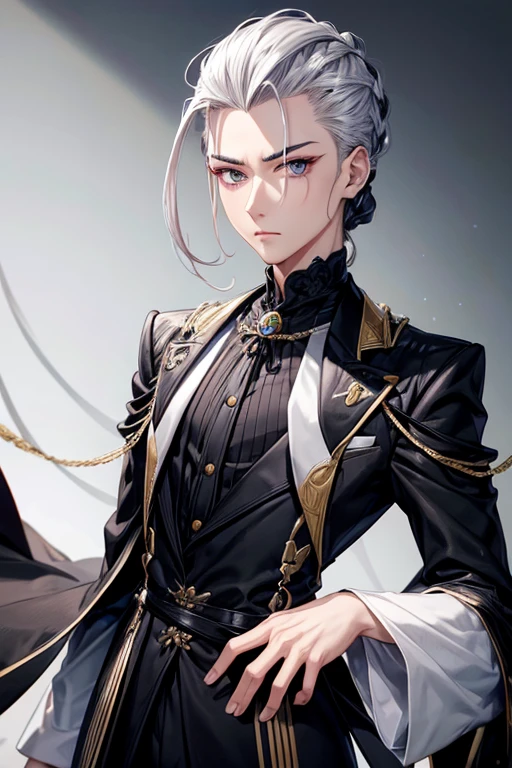 odd eye 、hair style with all hair slicked back、odd eye、odd eye、silver hair all back、male、hair is long to the shoulders、odd eye、maleの左目赤色、male右目青、increase wide angle、clear eyes、black gold suit