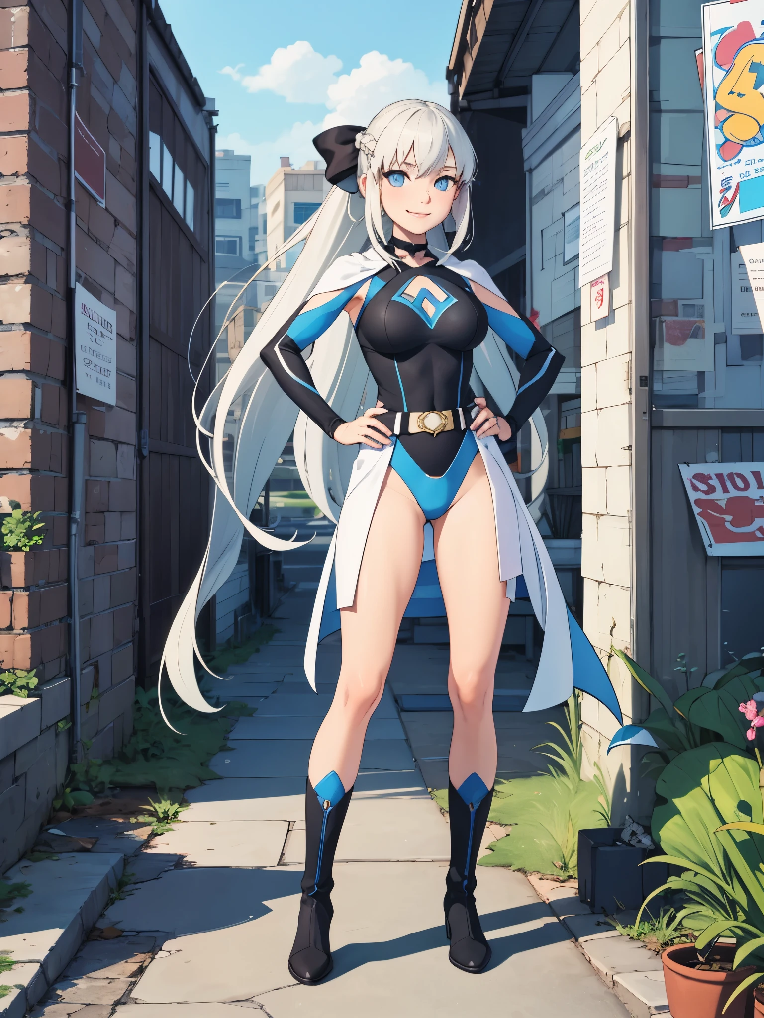 (masterpiece, best quality:1.2), solo, 1girl, morgan le fay, smile, looking at viewer, long grey hair, braid, ponytail, hair bow, superhero, leotard, bare legs, boots, standing, solo focus, tight belt, hands on hip, full body shot, mature lady, city backdrop, ultra highres, absurdres, beautiful face, detailed eyes, symmetric eyes