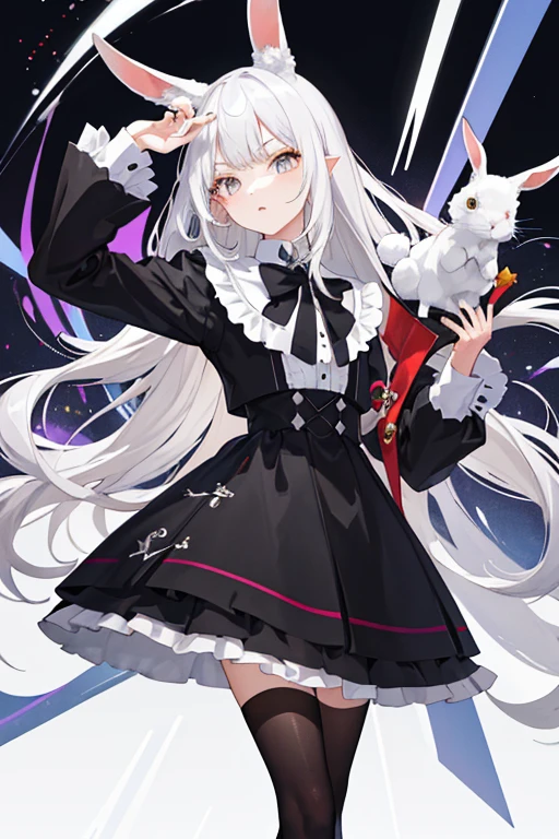 （（masterpiece：1.4，best quality））++，（Ultra-detailed）+，（best quality，Ultra-detailed，Bright colors，colorful，dynamic角度，high contrast：1.2），（anime style,a sense of atmosphere，higher details，CG rendering，vertical painting，modern）a girl，loli，Height about 148cm，Long white hair gray eyes，With white rabbit ears，Lop-eared rabbits，Black and white dress（Preppy style），long sleeves，Skirt knee-length，暗黑loli，black shoes，Holding a rabbit doll in hand，magicPreppy style，delicate face，Exquisite facial features，（from below：0.5），Fashion， Energetic，magic，French formation， clothing， pose， front， colorful， dynamic， background， element， confidence， Express， statement， Accessories， majestic， coil， around， Scenes， cover， Bold， striking，Fashion， font， catchy， striking， modern， Fashion， focus， Fashion，whole body