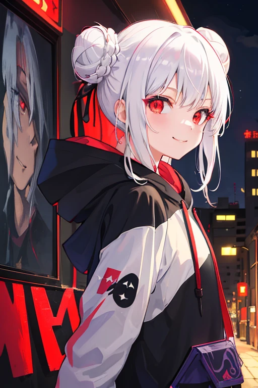 Two-dimensional comic book style,silvery white hair, red color eyes,Loli is full of feelings, full bodyesbian,Swinging eyes ,With a smile on his face,white stockings,Wearing a black sweatshirt,Scissors in hand,retinas,A high resolution,Otaku girl