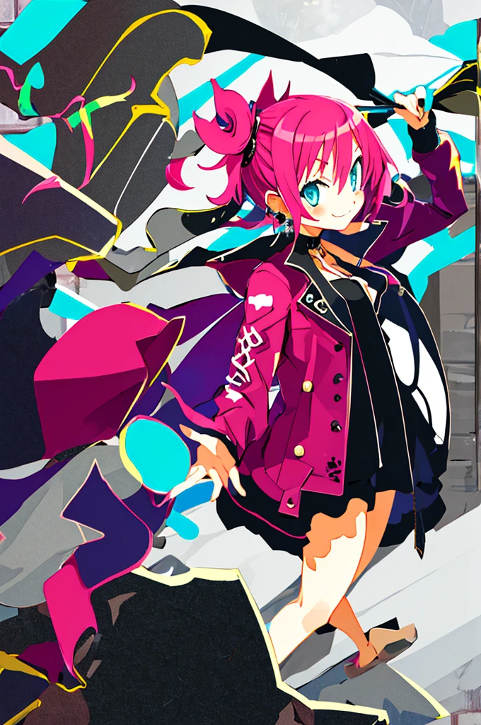 ((masterpiece,highest quality)), disorganized, hmmarnie, aqua eye, black choker, red ribbon, pink dress, jewelry, black jacket, open clothes, long sleeve, alone, smile, looking at the viewer, cowboy shot, cinematic composition, contrasting,