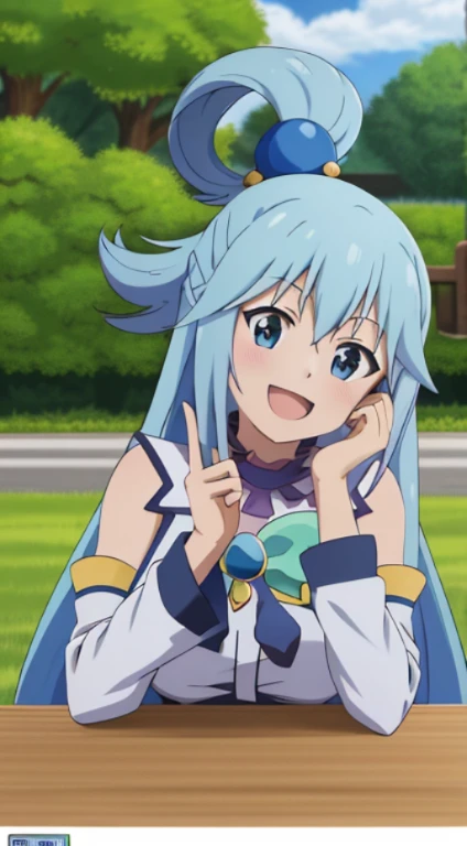 ,anime screenshot,anime coloring,
1girl, long hair, solo, open mouth, smile, upper body, head tilt, blue hair, blue eyes, separate sleeves, black background, hair ornament, outdoor, sun, river, trees, bare shoulders, single hair ring, green bow, facing the viewer,