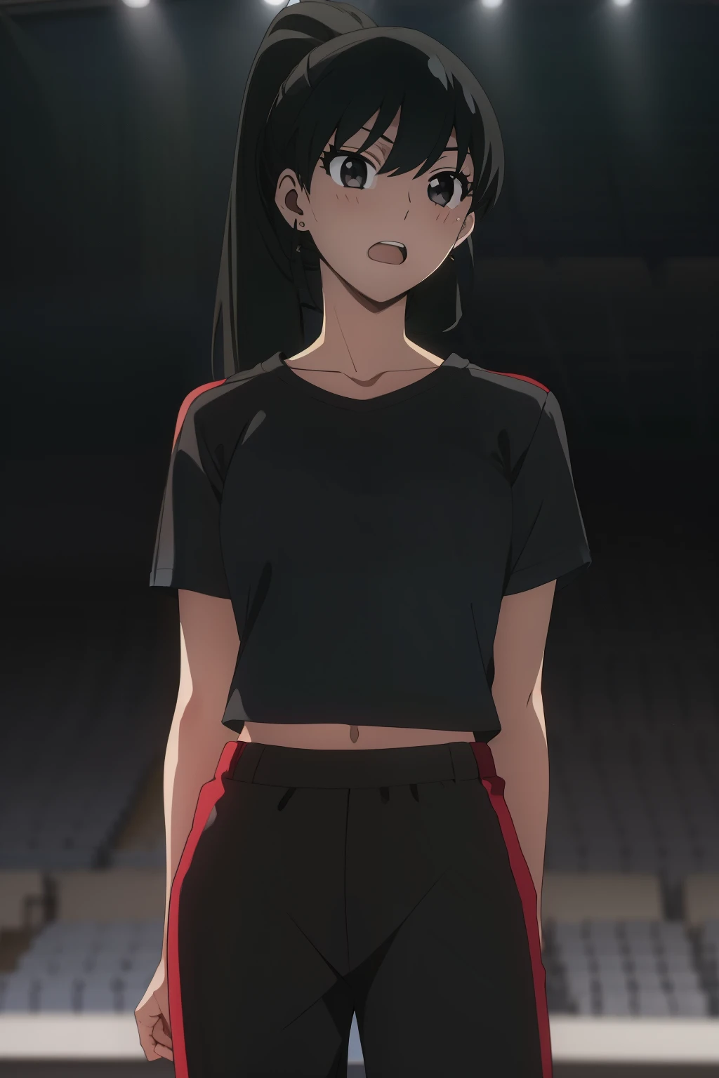 yor briar, 1girl, (((masterpiece))), 1girl, solo, long hair, open mouth, black hair, standing, ponytail, pants, black eyes, blue shirt, sportswear, arms at sides, hair pulled back, crowd, stadium,  