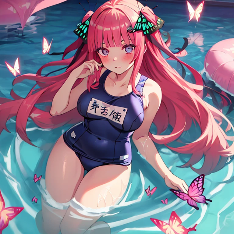 best quality, very aesthetic, Super detailed, best illustration, Dark blue one piece school swimsuit,bangs, pink_hair, blunt_bangs, hair_ornament, butterfly_hair_ornament, black_ribbon, blue_eyes, blush, hair_ribbon, twintails, long_hair, full body, nsfｗ, pussy focus, 1girl, おっぱい