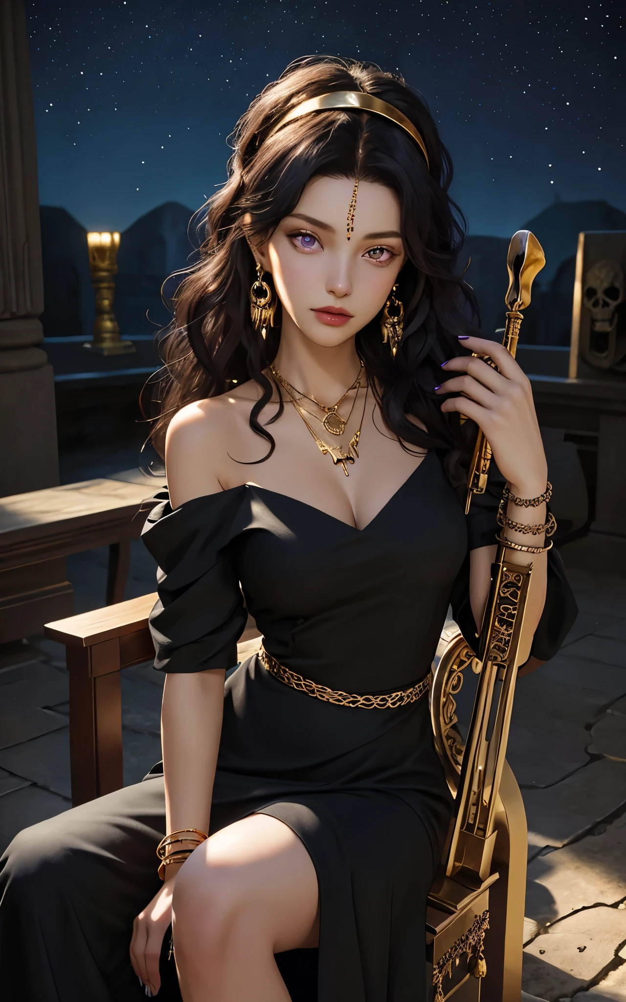 1 girl, solo, details, masterpiece, best quality, photorealistic realism, beautiful girl, long hair, black curly hair, skull headband,  gold earrings, purple eyes, beautiful face, skull necklace, perfect body, large breast, open chest, black long dress, skull bracelet,  gold earrings, musical instrument , sit on ancient chair, dark sky, dark temple, 