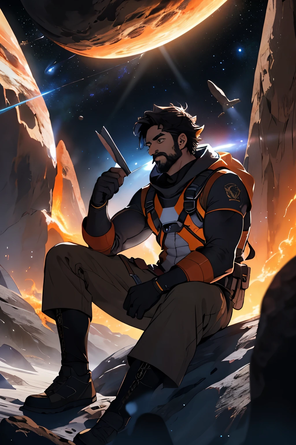 Desenhe um jovem programador, sitting on a research platform floating in the middle of an asteroid belt. He is studying with a notebook, surrounded by several asteroids glowing with auras of fire. Dramatic lighting from distant stars and planets illuminates the scene, casting deep shadows on the costume. O jovem parece confiante e determinado, Looking at the vast and mysterious universe with awe and respect,facial hair, tiro de vaqueiro,