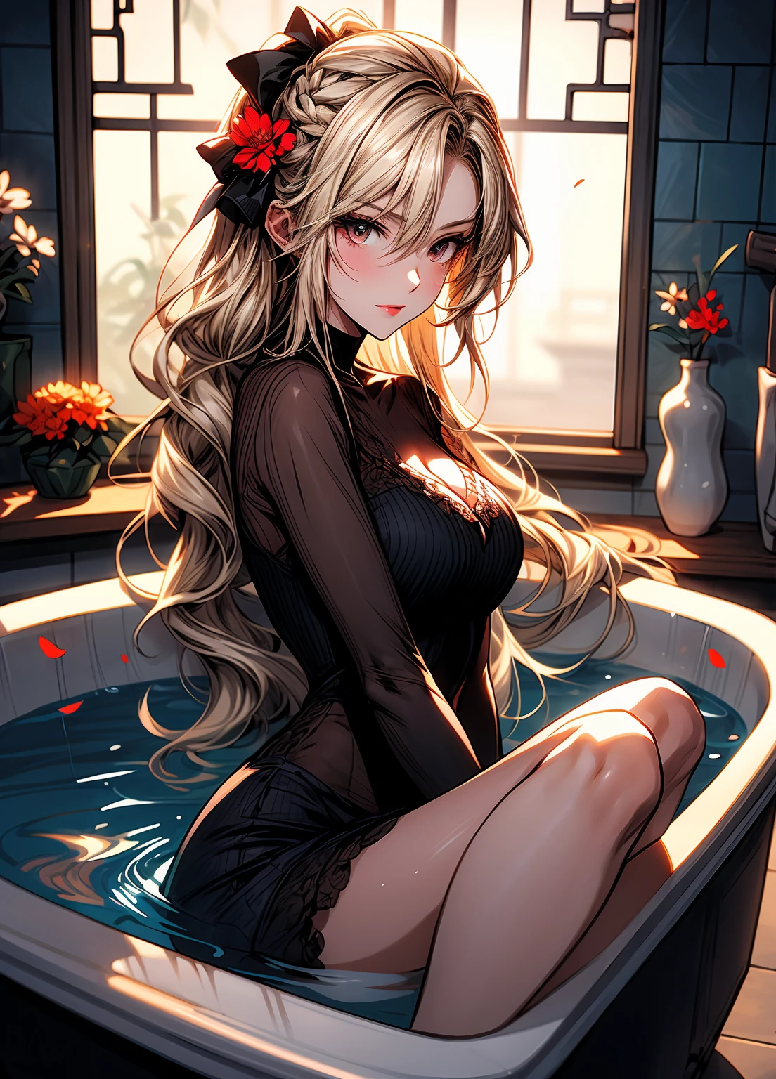 anime girl in a bathtub with flowers in her hair, guweiz on pixiv artstation, guweiz on artstation pixiv, splash art anime , blonde - haired princess, beautiful anime portrait, beautiful anime girl, artwork in the style of guweiz, guweiz, artgerm on artstation pixiv, beautiful anime woman