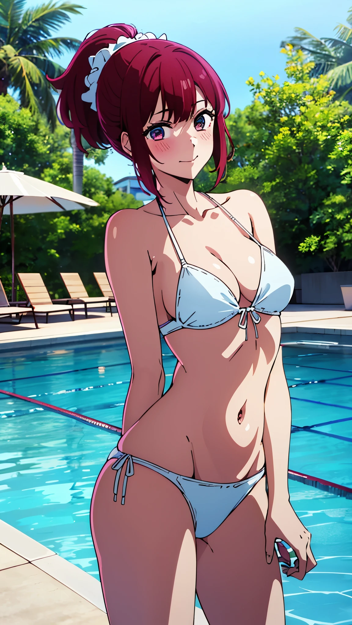 (highest quality:1.4), 8K resolution, Ultra HD, (High resolution:1.4), cinematic light, 1 girl, embarrassed face, very fine eyes,small breasts、white skin,bikini,  outdoor, swimming pool, Clear blue sky,blush、(looking at the viewer)、model pose、forced smile、cowboy shot、short hair、red hair、(highly detailed eyes)、short ponytail