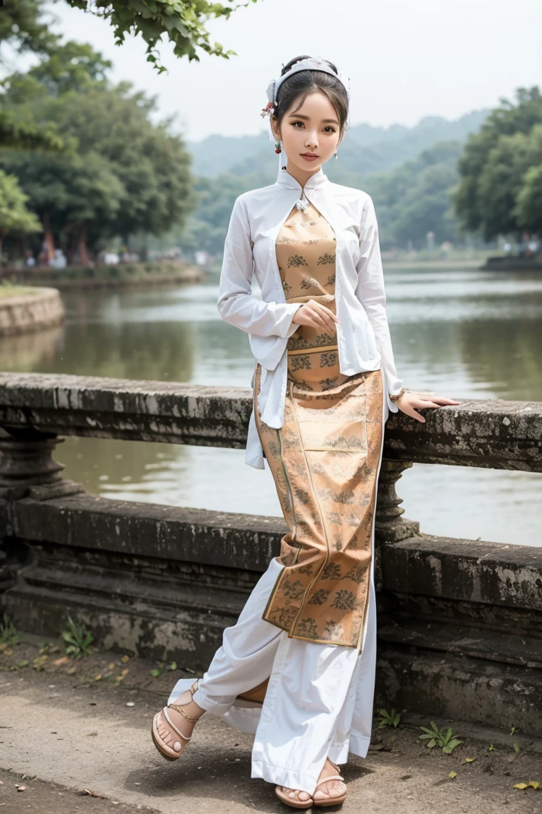MMTD Burmese patterned traditional dress lady full body details, at Burma Water Festival,