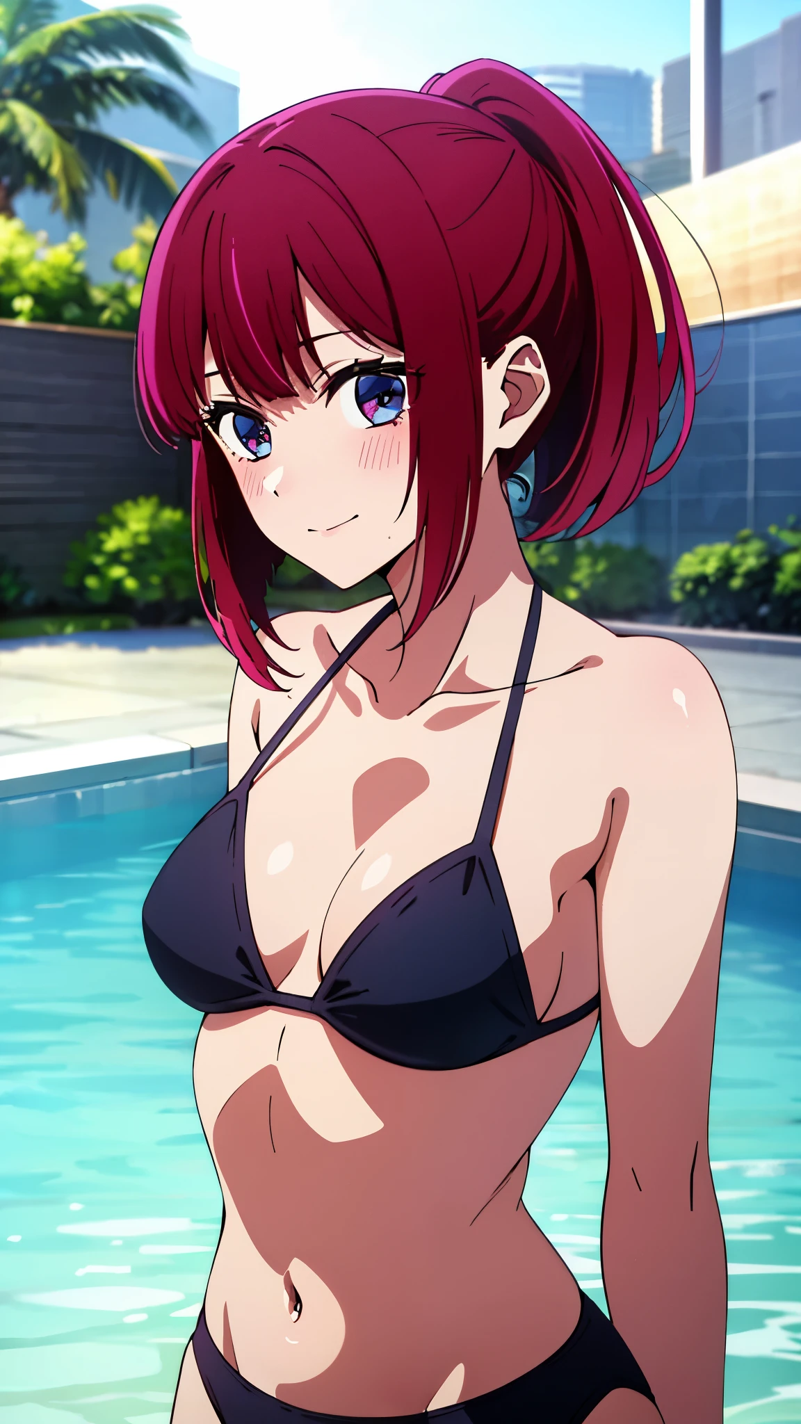 (highest quality:1.4), 8K resolution, Ultra HD, (High resolution:1.4), cinematic light, 1 girl, embarrassed face, very fine eyes,small breasts、white skin,bikini,  outdoor, swimming pool, Clear blue sky,blush、(looking at the viewer)、model pose、forced smile、cowboy shot、short hair、red hair、(highly detailed eyes)、short ponytail