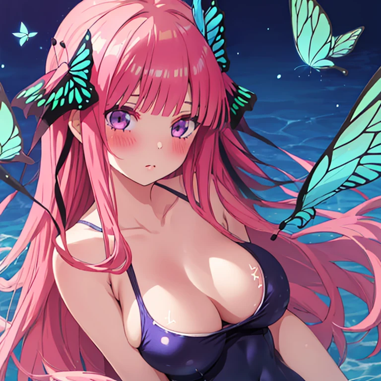 best quality, very aesthetic, Super detailed, best illustration, 1girl, おっぱい, bangs, pink_hair, blunt_bangs, hair_ornament, butterfly_hair_ornament, one-piece swimsuit