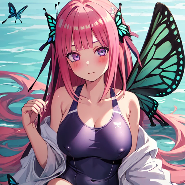 best quality, very aesthetic, Super detailed, best illustration, 1girl, おっぱい, bangs, pink_hair, blunt_bangs, hair_ornament, butterfly_hair_ornament, one-piece swimsuit