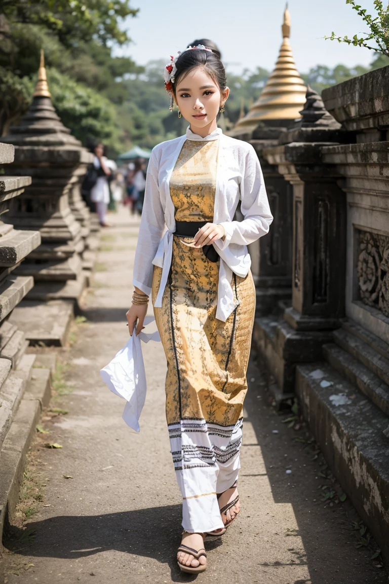MMTD Burmese patterned traditional dress lady full body details,at Burma Water Festival 