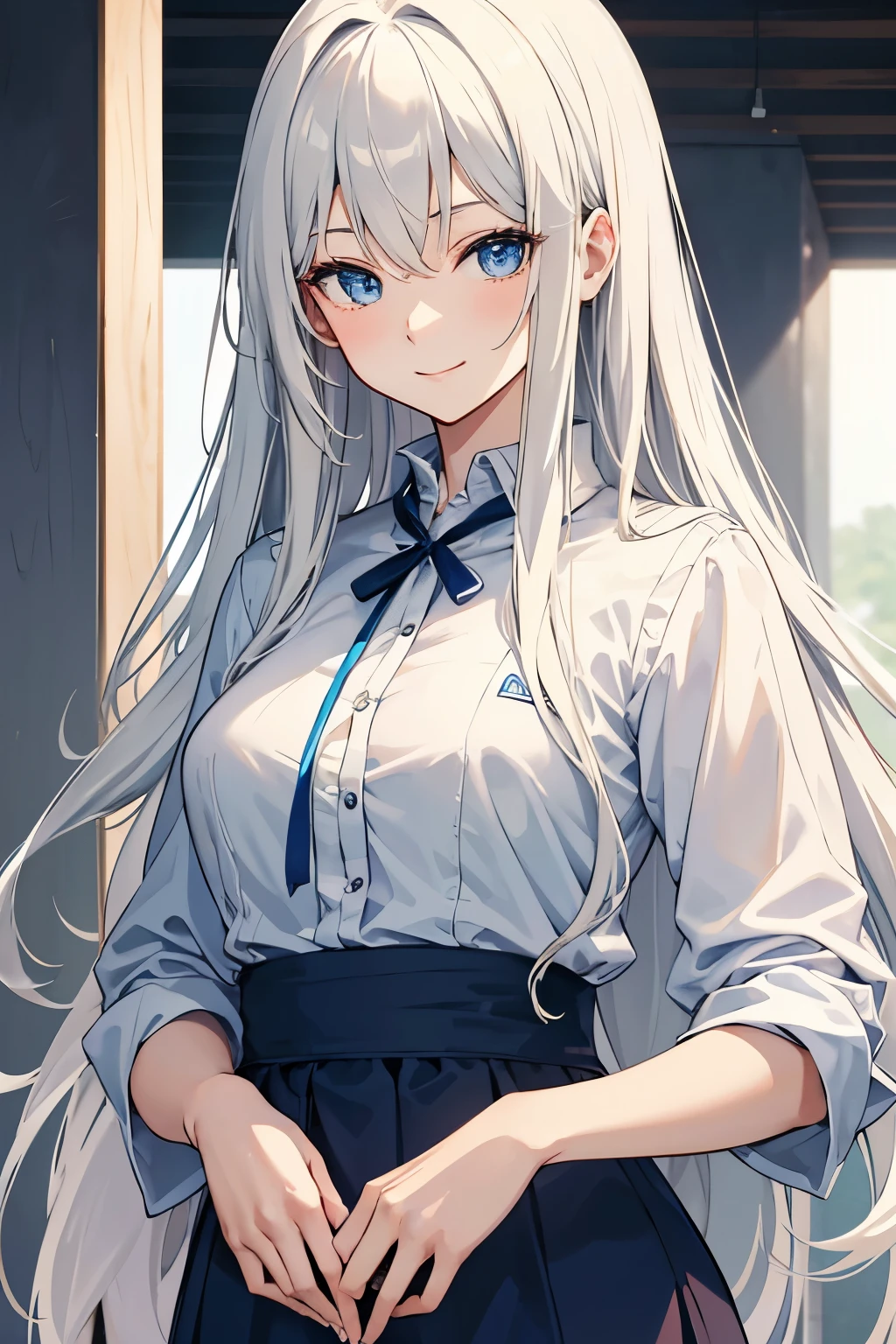 Anime. Onee-san. Adult.  Tall. Young woman facing the camera. Half body only. Upper body only. She is smiling softly at the camera, saying something. She has long white hair and blue eyes. Dressed in casual casual clothes. Solo. 1women