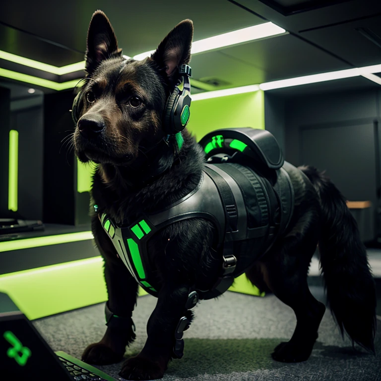 A dog with futuristic armor with a gaming headset, black and green