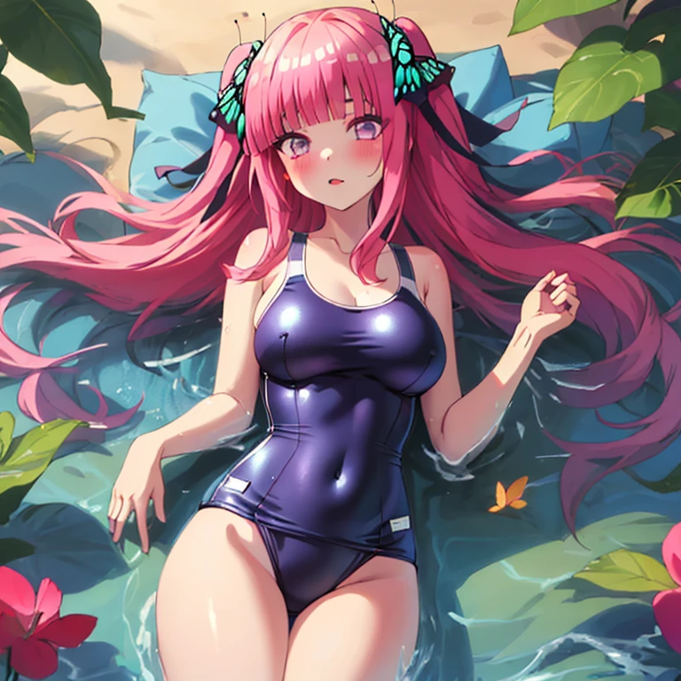 best quality, very aesthetic, Super detailed, best illustration, 1girl, おっぱい, bangs, pink_hair, blunt_bangs, hair_ornament, butterfly_hair_ornament, one-piece swimsuit