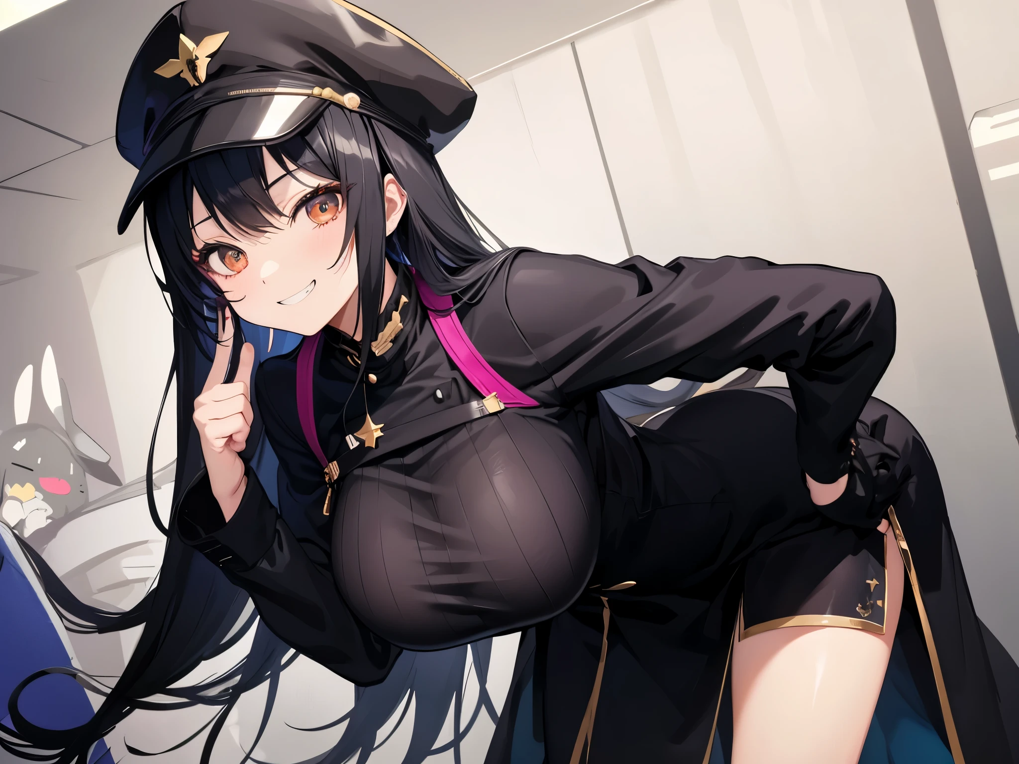 uniform、(big breasts)、Diagonal angle、Stooped Pose、put your hands on your hips、grinning、malicious smile、solo