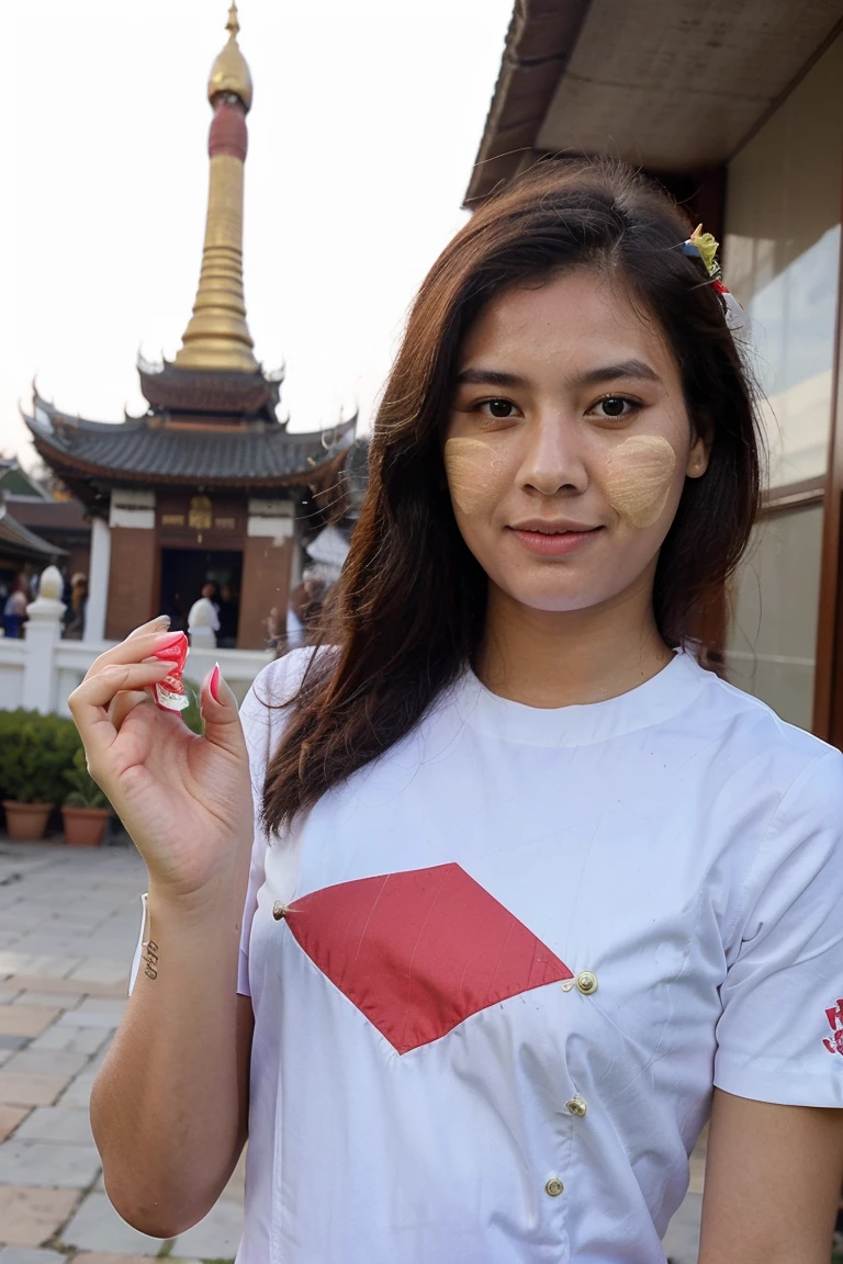 Former Barcelona football player Leo Messi at Myanmar Famous Pagoda, ((acmm thanaka makeup), acmm thanaka apply on face, thanaka makeup),holding Myanmar Flag,