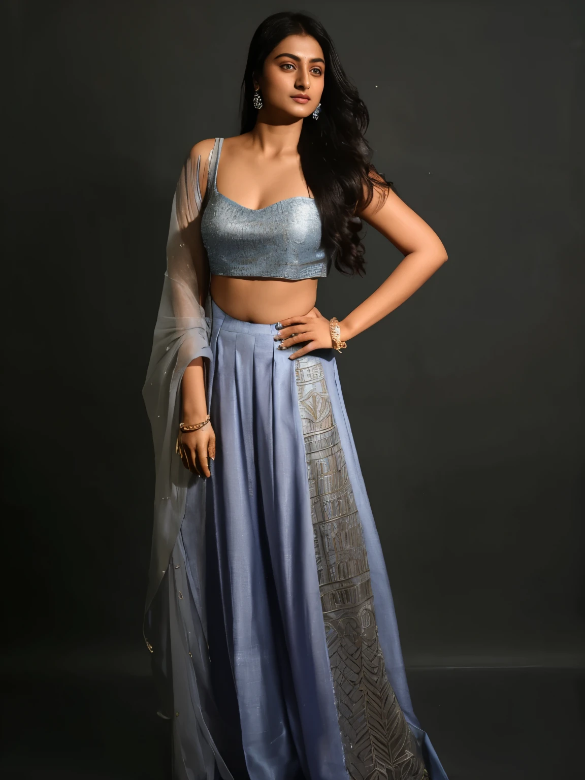 anusha in a blue lehen and silver crop top, modeling shoot, wearing an elegant tribal outfit, indian super model, full body shoot, full body photoshoot, female camila mendes, blue colored traditional wear, indian style, full shot fashion photography, solo photoshoot, stunning elegant pose, modeling photography, studio shoot, promotional photoshoot, full body photogenic shot