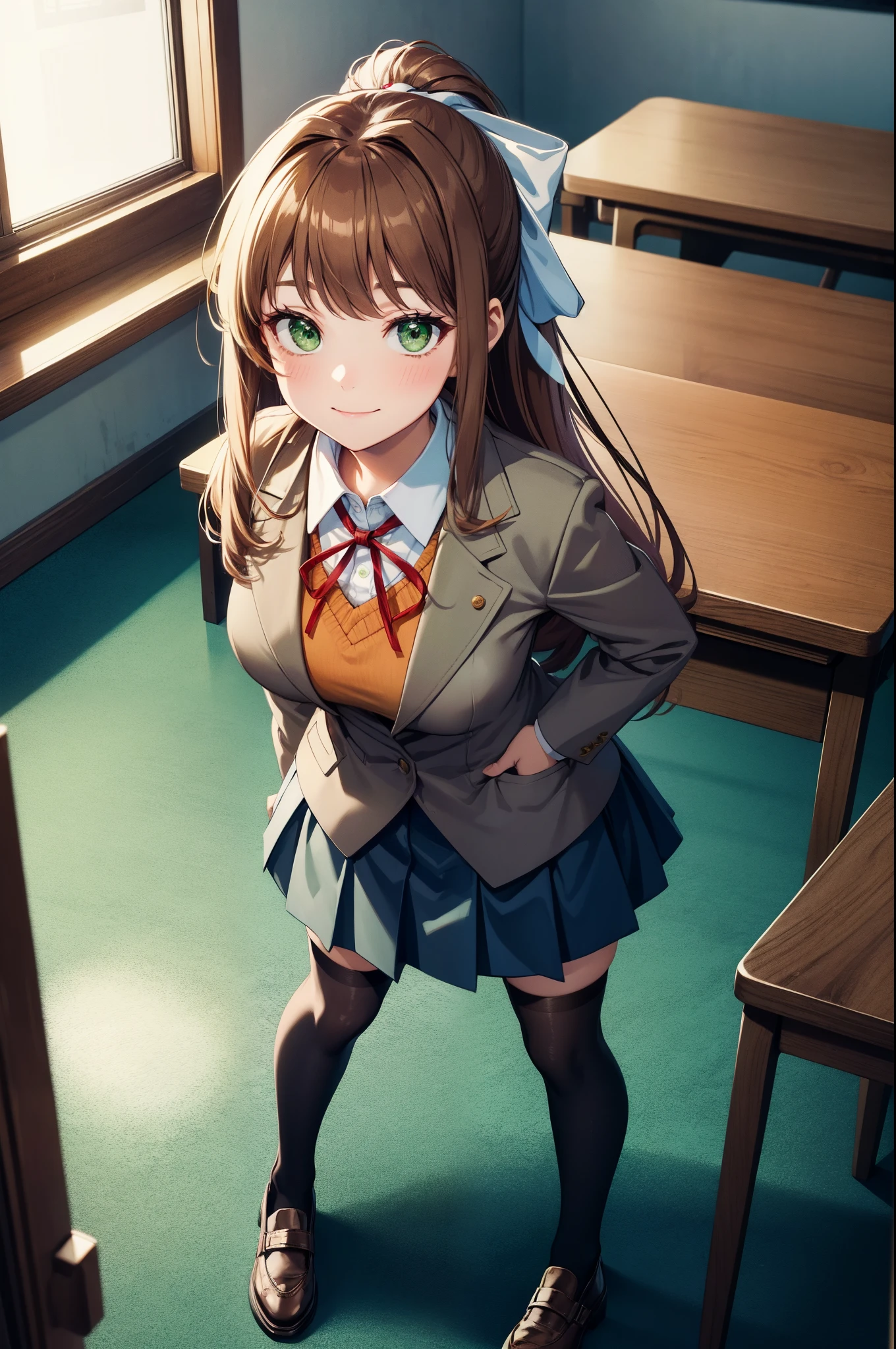 (masterpiece), best quality, expressive eyes, perfect face, highres, ddlcmonika, blunt bangs, brown hair, (green eyes:1.5), long hair, ponytail, ribbon, white ribbon, hair ribbon, sidelocks, black thighhighs, blue skirt, brown jacket, jacket, long sleeves, mary janes, over-kneehighs, pleated skirt, school uniform, shoes, skirt, thighhighs, zettai ryouiki, smiling, indoors, classroom background, (leaning forward:1.2), standing, upper body portrait, looking at the viewer