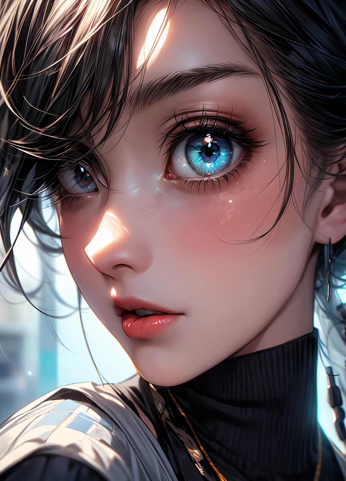 A close-up of one eye, with blue pupils and long, thick, white eyelashes, shedding red tears.in the style of hyperrealistic illustrations,realistic hyper-detailed portraits, alois arnegger, puzzle-like pieces, made of glass, cut/ripped,atey ghailan, close-up,Broken shot,32k uhd, ps1 graphics,--ar 3:4 --s 500