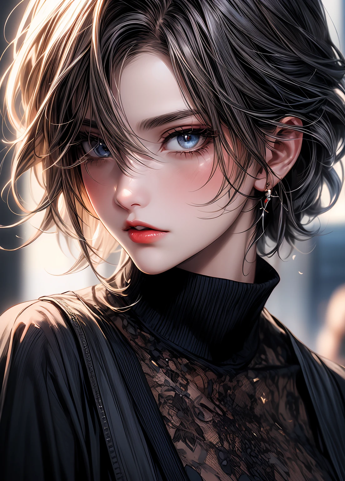 A close-up of one eye, with blue pupils and long, thick, white eyelashes, shedding red tears.in the style of hyperrealistic illustrations,realistic hyper-detailed portraits, alois arnegger, puzzle-like pieces, made of glass, cut/ripped,atey ghailan, close-up,Broken shot,32k uhd, ps1 graphics,--ar 3:4 --s 500