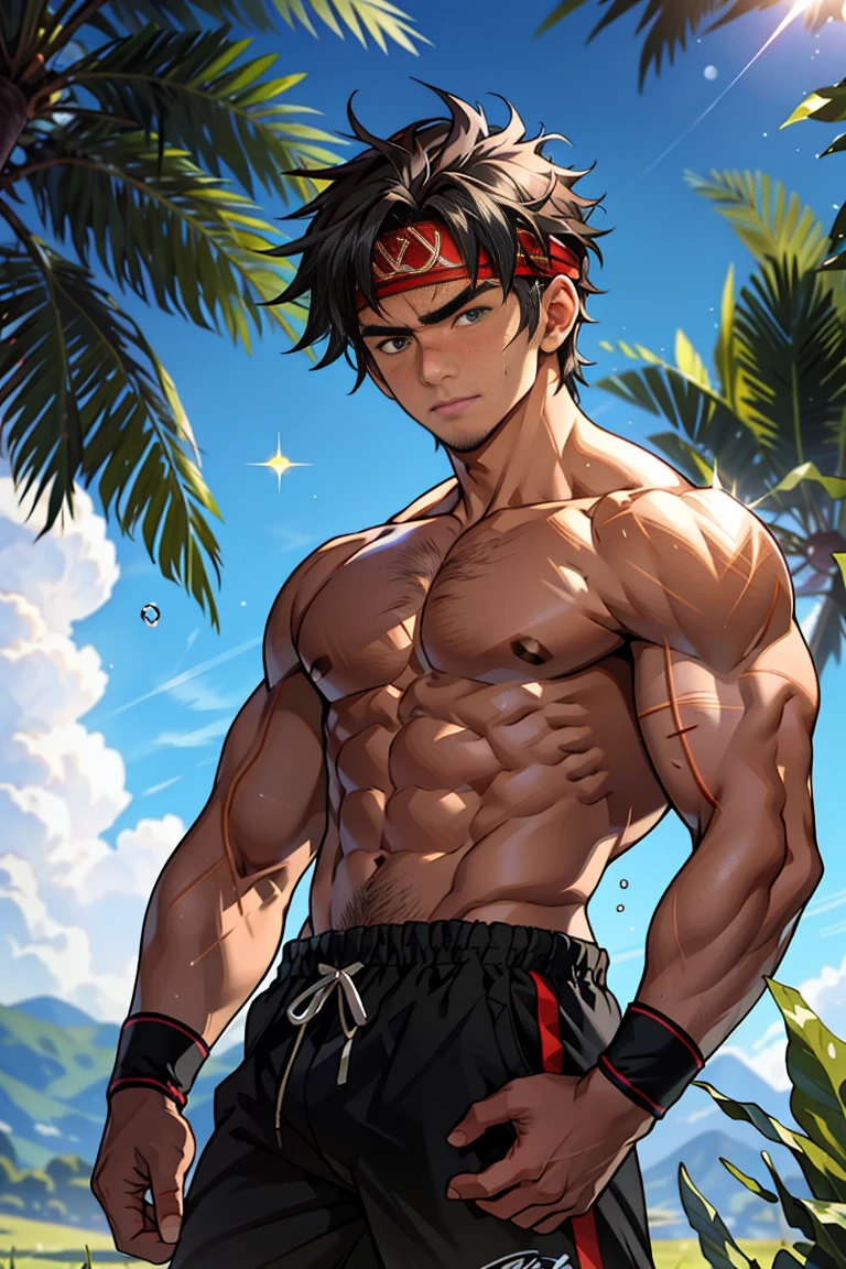 (Masterpiece, Best quality  boy，Shota), 1boys, Young,Muscular, very Short hair, Intricate, Grass, full bodyesbian, Shirtless, Muscles sparkle in the sun,Black shorts, green headband, wristband, Vivid colors,(Depth of field:1.2),(Abs),