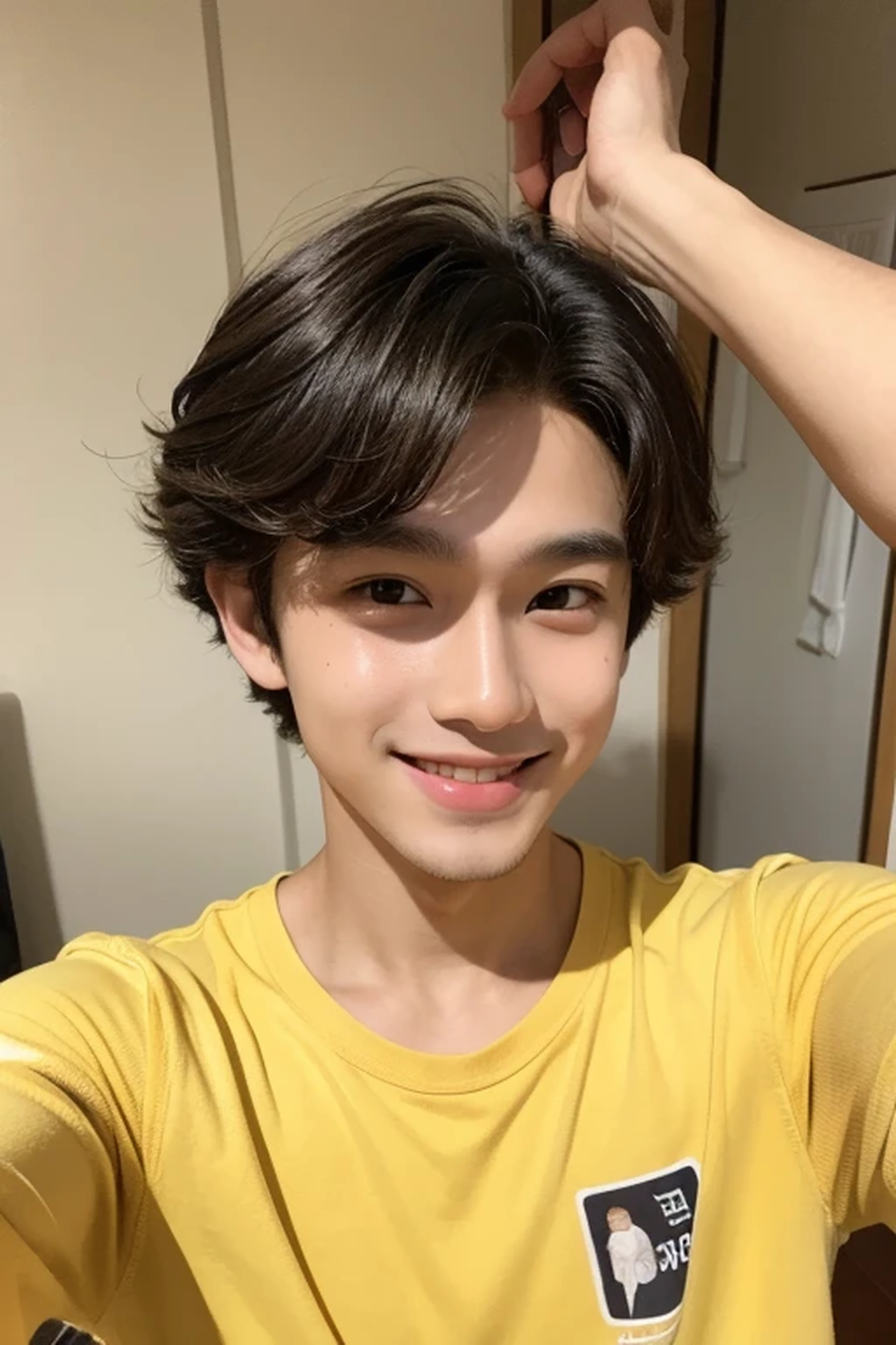 15 year old handsome boy, natural hair, light smile, yellow skin, wearing a white shirt, selfie