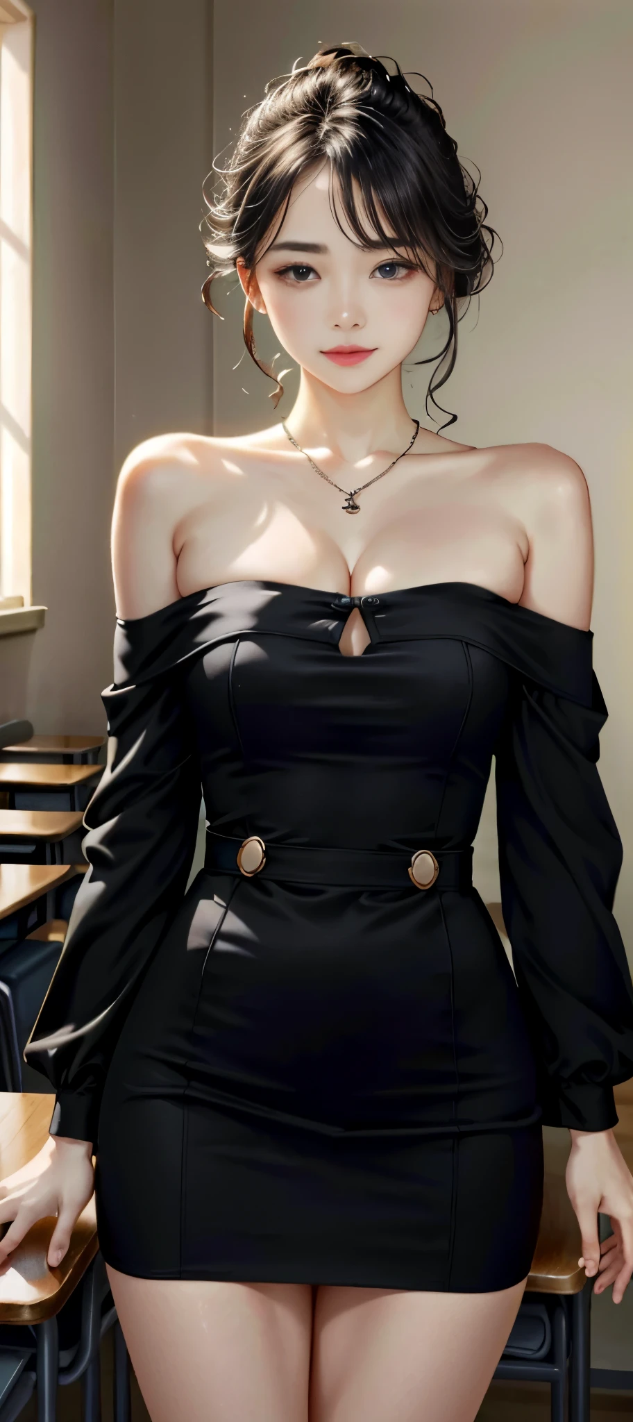 ((beautiful face)), extremely delicate facial,the creamy smooth skin,masterpiece, 1girl, best quality, ultra high res, (photorealistic:1.4),full_body,,tender shining,amazing scene lighting,(In classroom), ((black off-shoulder dress)),Look at the audience,necklace