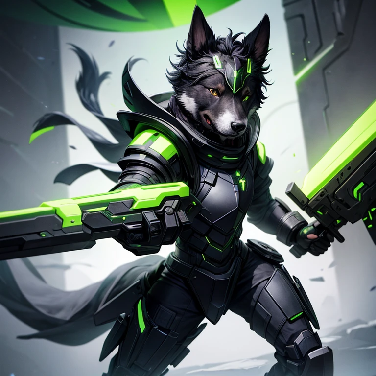 A dog with futuristic, black and green armor
