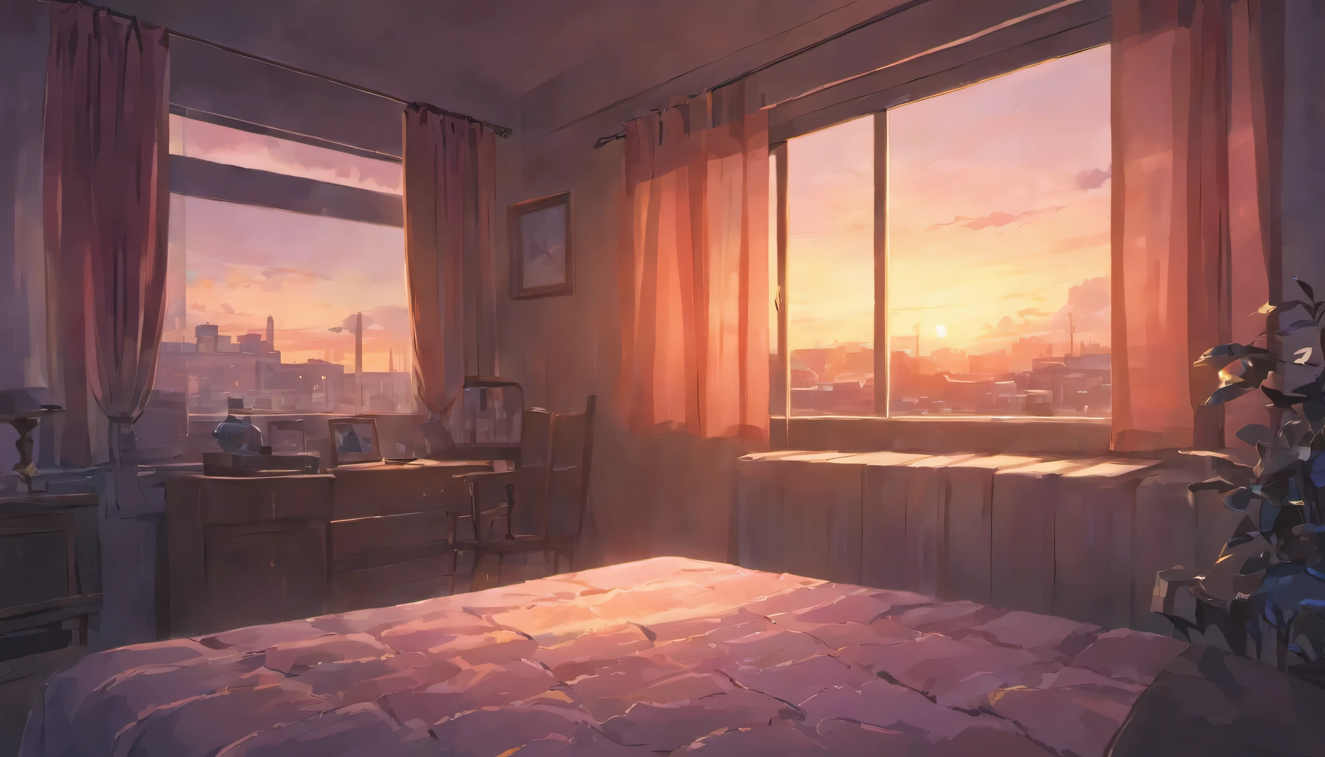 Close-up of the outside of a bedroom window with curtains Set in a peaceful suburban neighborhood at dawn. that look like it from an anime