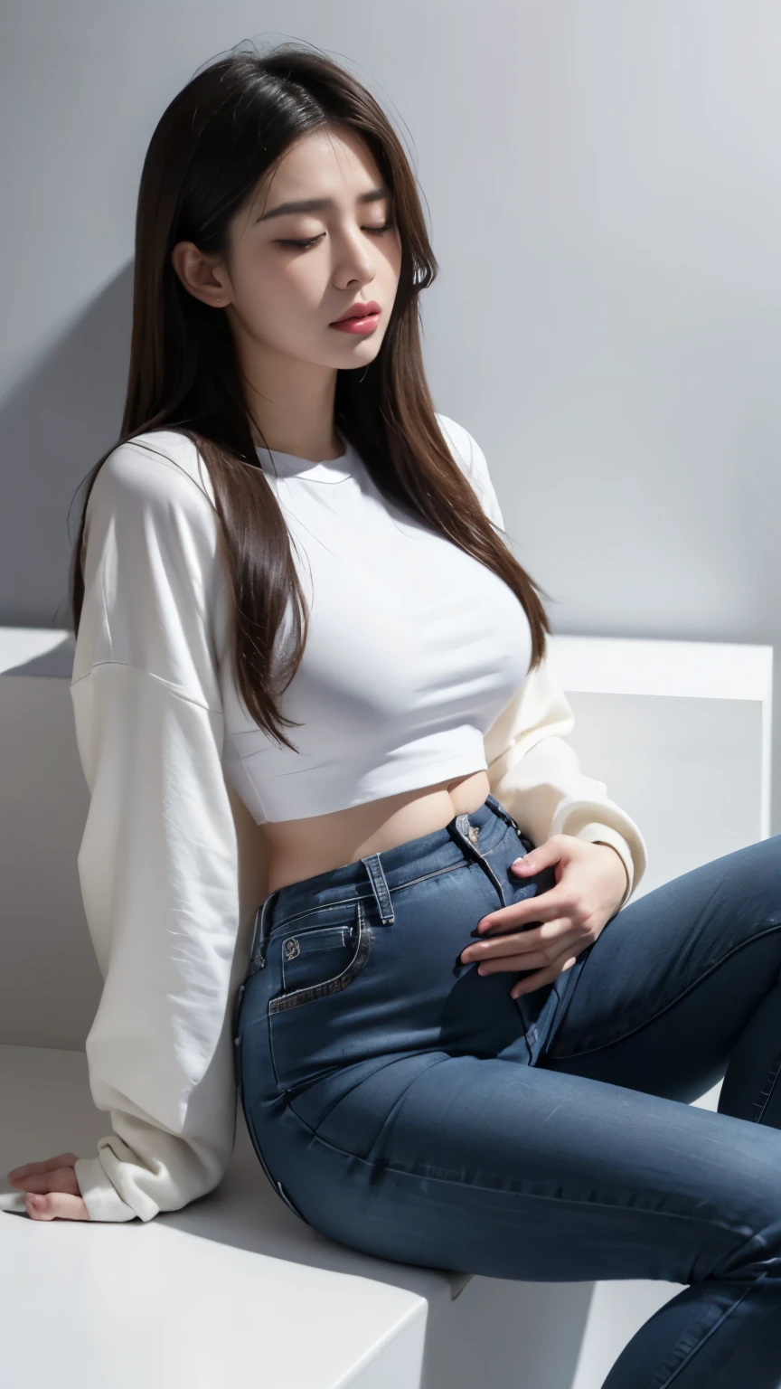 (photorealistic),(masterpiece),(ultra-detailed),a very pretty and sexy 20 year old girl holding more than liters of pee, wearing crop bubble jacket and tight black jeans, hands jammed between thighs, legs crossed tightly, lower abdomen part of the jeans bulging from full bladder as big sphere as if she was fully pregnant but smooth rounded ,enduring extreme urge to pee,eyes slightly closed,pee about to come out,sweating