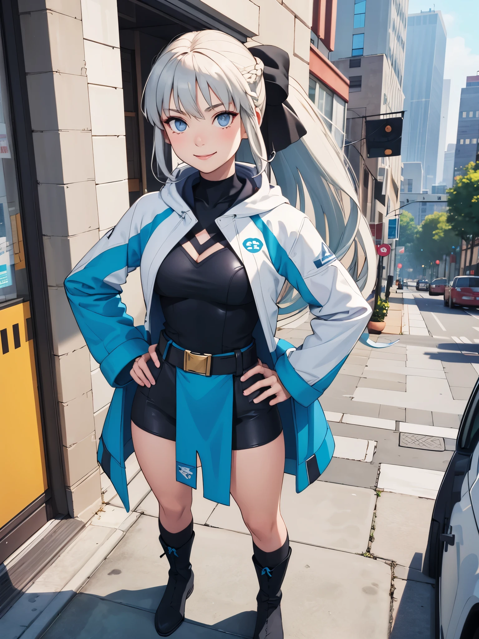 (masterpiece, best quality:1.2), solo, 1girl, morgan le fay, smile, looking at viewer, long grey hair, braid, ponytail, hair bow, superhero, leotard, bare legs, boots, standing, solo focus, tight belt, hands on hip, full body shot, mature lady, city backdrop, ultra highres, absurdres, beautiful face, detailed eyes, symmetric eyes