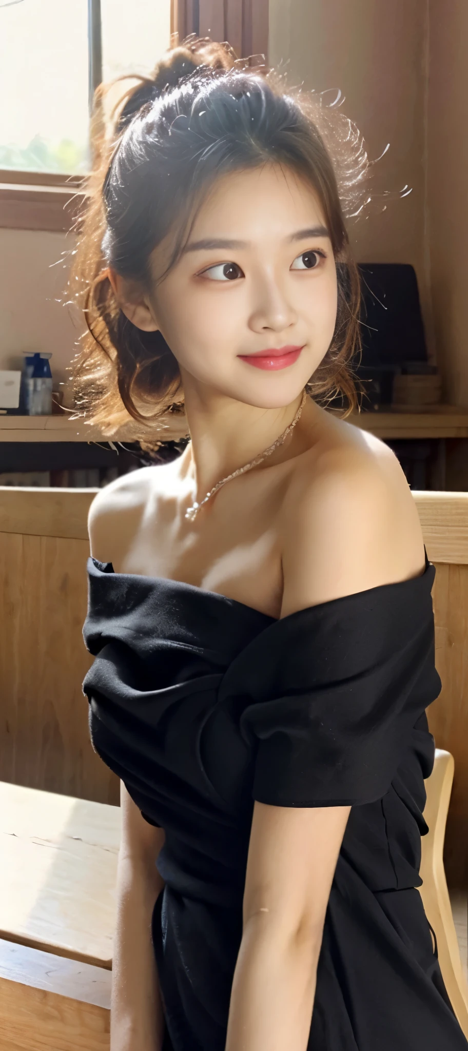 ((beautiful face)), extremely delicate facial,the creamy smooth skin,masterpiece, 1girl, best quality, ultra high res, (photorealistic:1.4),full_body,,tender shining,amazing scene lighting,(In classroom), ((black off-shoulder dress)),Look at the audience,necklace