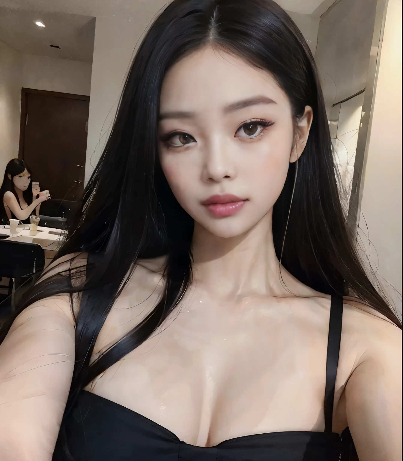 a Korean girl with long hair is wearing a tight dress, small waist, very long black hair, full lips, sensual makeup, black dress, beautiful woman, Jennie Kim, has cleavage, big bust, selfie, low light, High definition, Realistic, high definition, high quality, Kim Jennie, selfie, selfie of her face