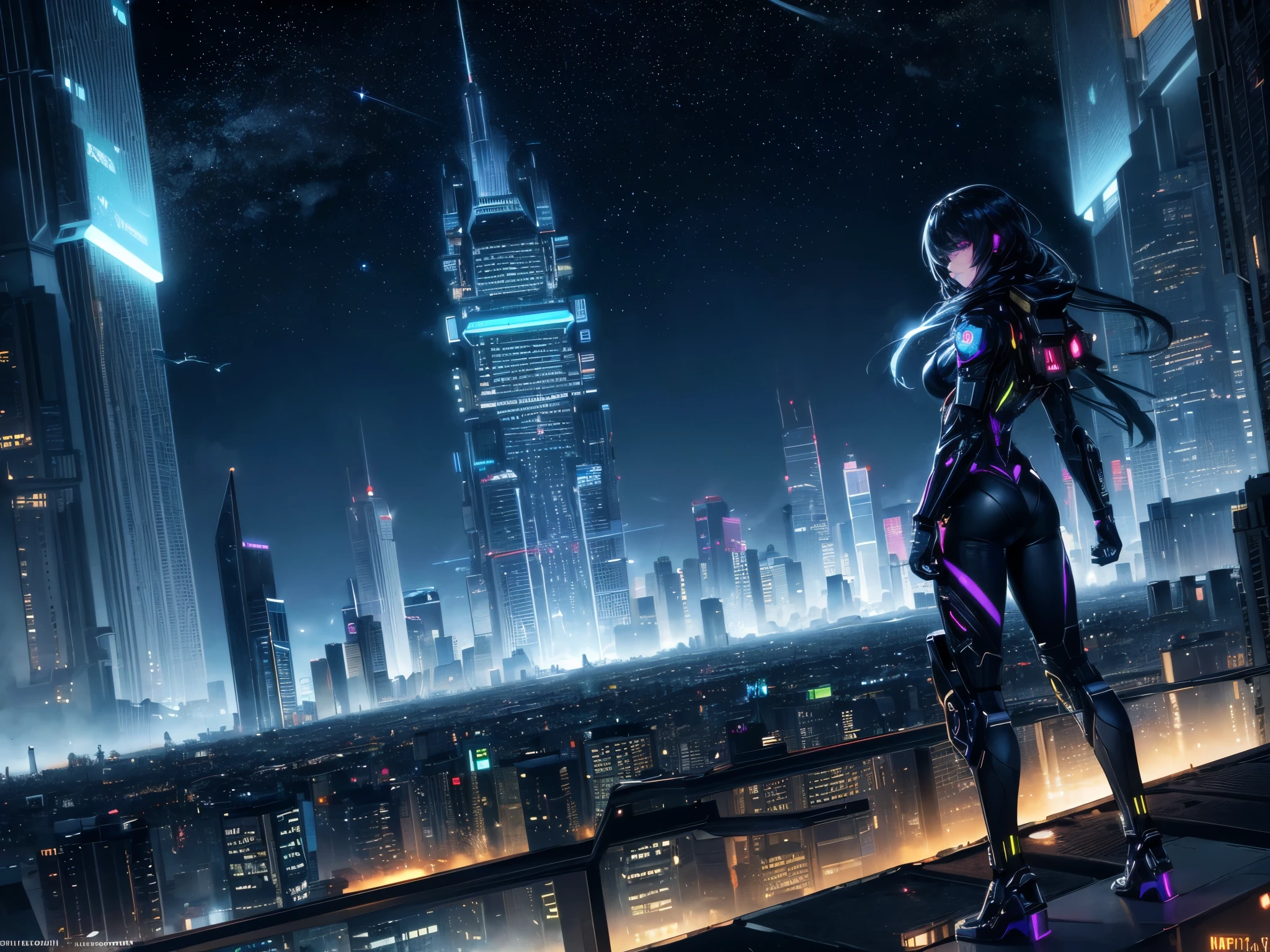 Futuristic City, Complex futurictic building, moon shine ray tracing, beautiful night city, colorful, 2077, cinematic scene, movie texture, dramatic light, cinematic light, dark sky, night, dark atmosphere, ultra lens portrait, Cyberpunked, cool portrait angle, Cyberpunk megapolis city, City in Sci-Fi movie, Sci-fi Atmosphere, rich city, rich detail, colossal planet in sky, tons of skyscrapres, type 7 civilization, space city, cool looking skiscrapers, hologram sign, hologram, floating city, tons of floating futuristic object, starry night, rich view, rich sky, tons of colossal building(( No Human ))