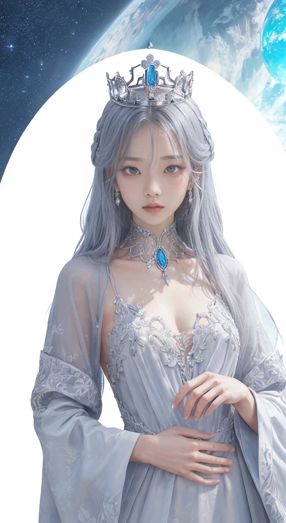 Best AI Image Generation Creator、1 beautiful girl、big round eyes、alone、Full body Esbian、realistic,lips,muste piece,highest quality,excellent anatomy,skin texture、background planet、Medium chest、gray hair、white dress、fantasy art style, palace-like palace 、 azure. fine hair, beautiful fantasy art portrait, 4K high-definition digital art, beautiful fantasy queen, artwork, ((beautiful fantasy queen)), 8K high quality detailed art, beautiful anime portrait