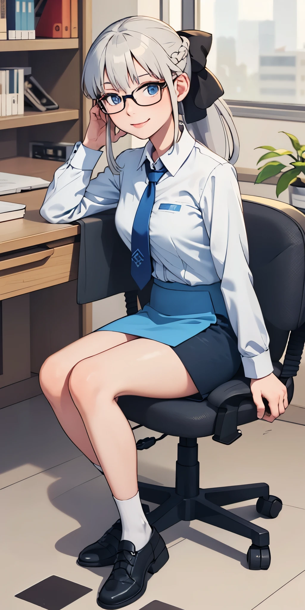 (masterpiece, best quality:1.2), solo, 1girl, morgan le fay, smile, looking at viewer, sitting in an office chair, long grey hair, braid, ponytail, hair bow, glasses, collared shirt, blue necktie, long sleeves, pencil skirt, pantyhose