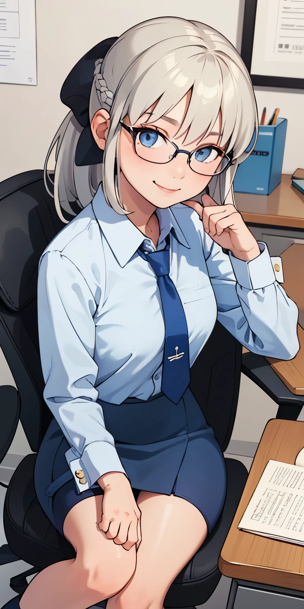 (masterpiece, best quality:1.2), solo, 1girl, morgan le fay, smile, looking at viewer, sitting in an office chair, long grey hair, braid, ponytail, hair bow, glasses, collared shirt, blue necktie, long sleeves, pencil skirt, pantyhose