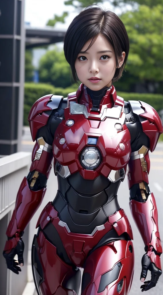 Female Iron Man(Red and Black)、luster、short cut hair、rough skin, Super detailed, advanced details, high quality, 最high quality, High resolution, 1080P, hard disk, beautiful,(gundam),beautifulサイボーグの女性,Mecha cyborg girl,battle mode,Woman with a mecha body,、Expression of bitterness、sweaty face、、narrow her eyes、、humid、grass、、steam from head、spread your legs、embarrassed face、open your mouth、Face holding back　black haired　short haired　glasses　japanese woman