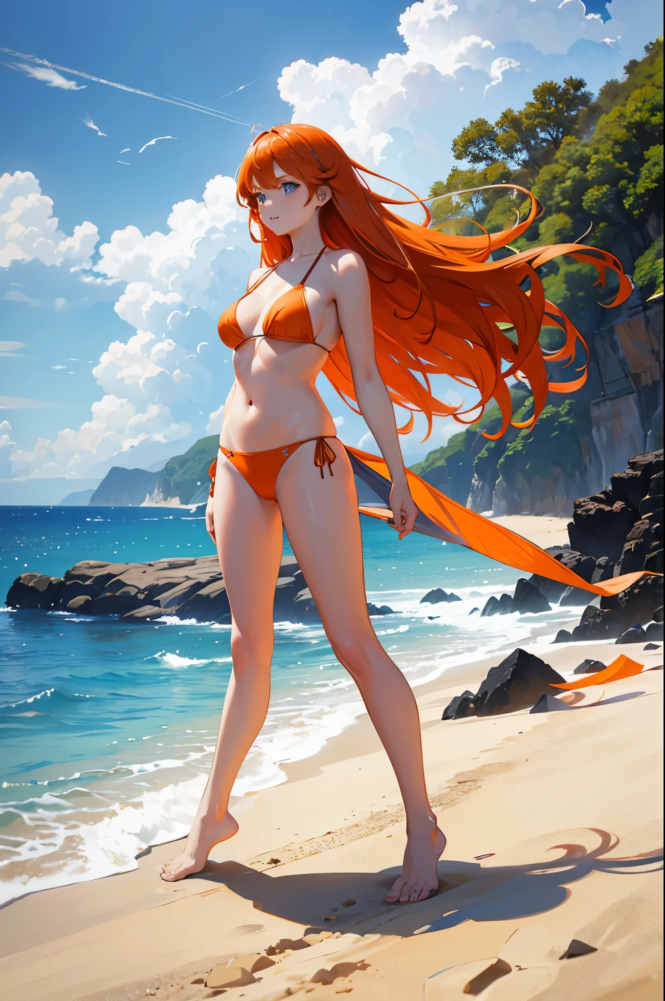 1woman, orange hair, long hair, blue eyes, orange bikini, beach, standing on ground, high res, ultra sharp, 8K, masterpiece