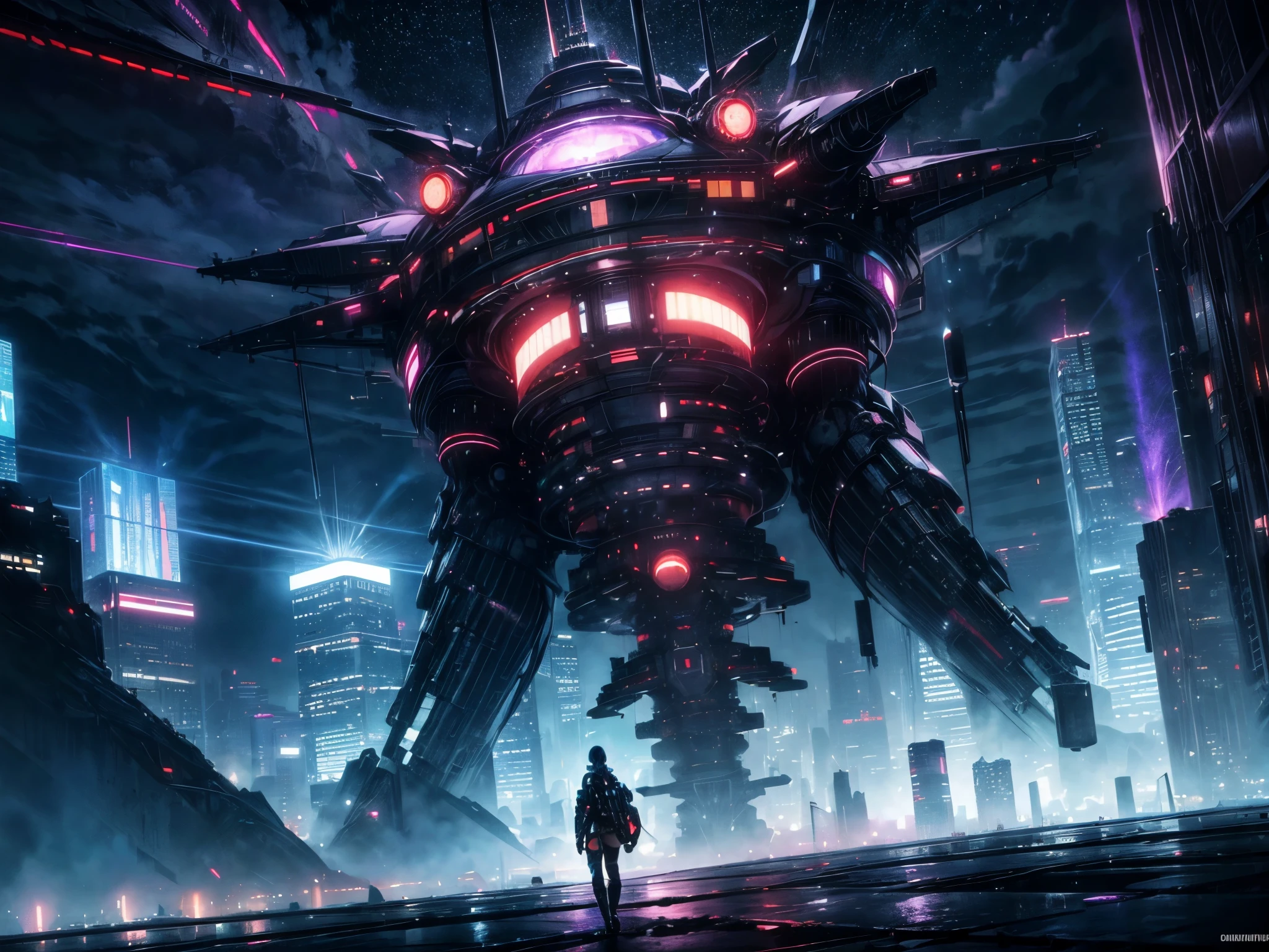 Hypercyberpunked City, Giant Colossal complex building, No human, Cool/very good portrait angle, ultra lens portrait, Cinematic scene in movie by Christoper Nolan, Moody Sci-fi atmosphere, Space city, Ultra ray-tracing prism and dramatic lightning, Futuristic city preview, inside futuristic city, epic cinematic, supertall futuristic skyscrapers, absurd fuuristic skyscrapers shape, night time, dark dystopia, starry beautyful night sky, very rich city, hologram and neon, tons of floating structure, so many floating cool structure and skysrapers, very colorful city