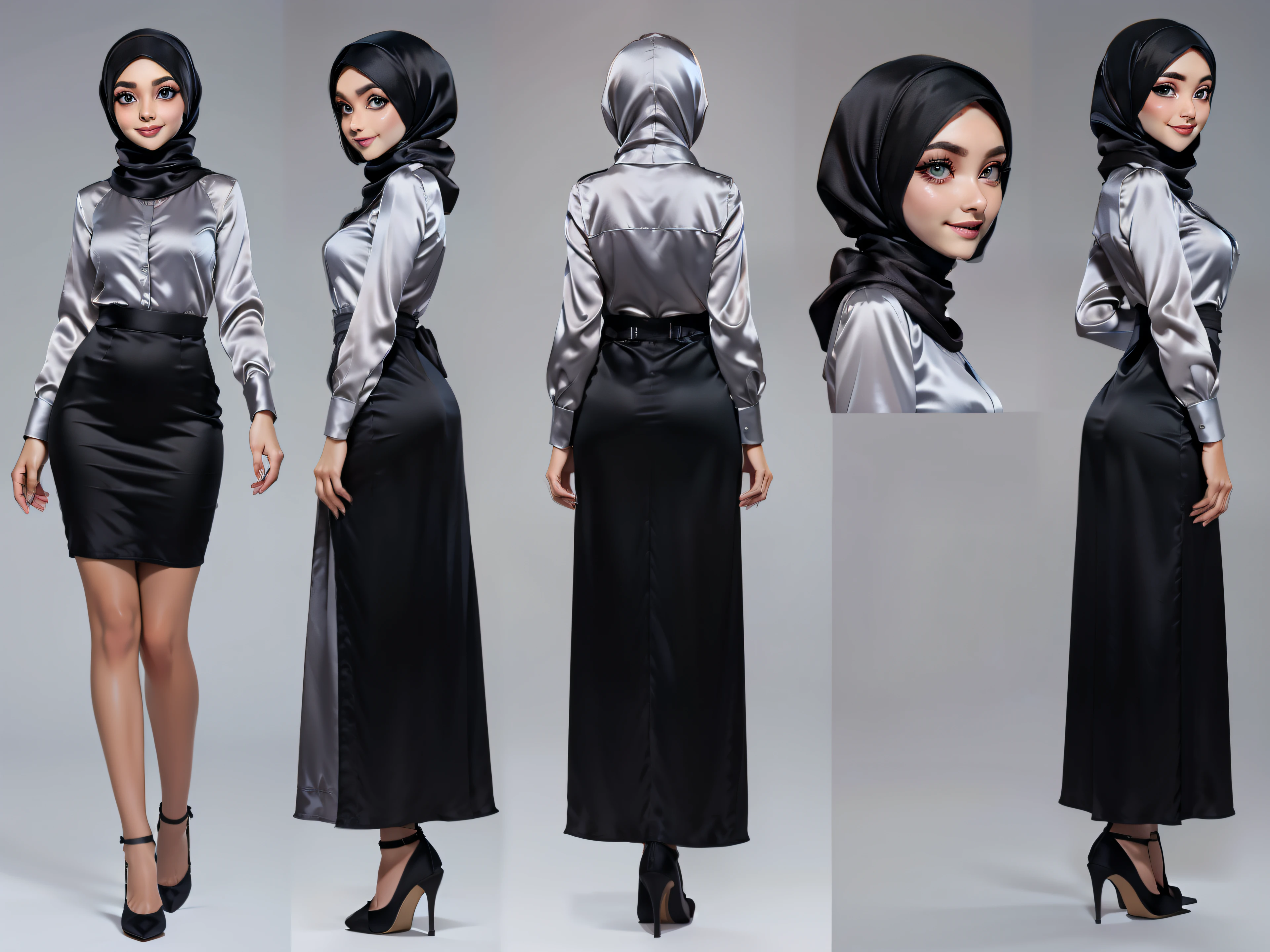 Character Design - a ((full body)) character design sheet of a beautiful hijab girl character, beautifully makeup, eyeshadow, Parted Lips, detailed eyes, beautiful big eyes, long eye lashes, smile. She's dresses ((gray satin headscarf)), loosely tide hijab style, ((Black satin shirt)), ((black satin long gown)). Cartoon style, front, side and back views