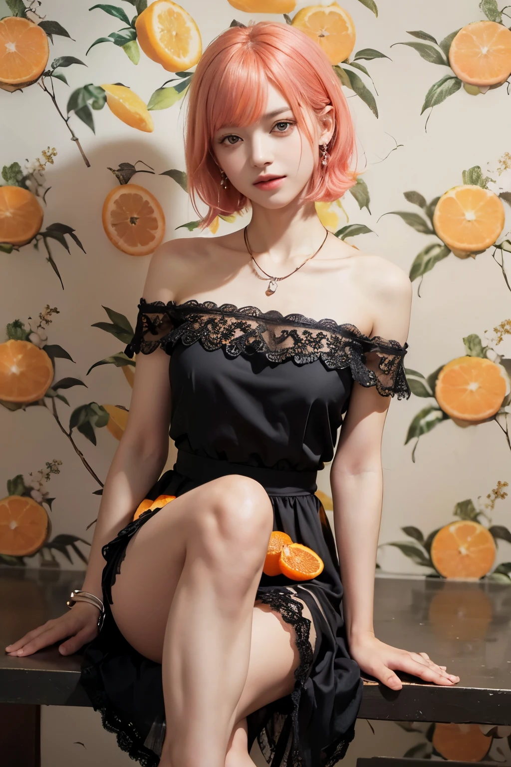 (8K, top-quality, masterpiece:1,2), (reallistic, Photorealsitic:1.37), Super Detail, One girl,), (Highly detailed), (beautifully detailed eyes), (of the highest quality), (super detailed ), (masterpiece), (Detailed face),20yr old, ,1 girl, pink hair,Very short hair, medium breasts, clothed, Perfect Lighting, pussy and breast focus, looking at viewer, (orange and black dress:1.4), off shoulder, orange slice on chest, ((orange lace skirt)), ( black lace on top and hem), (pink hair:1.2), very short, bangs on eyes, (orange shoes:1.2), pumps, (white tights:1.2), knee length, lace and ribbon, (orange accessories:1.2), beads earrings, beads necklace, bangle, smiling, showing teeth, right hand on waist, left hand behind head, right leg forward, left leg back, leaning slightly, (citrus wallpaper:1.2), orange, lemon, light orange, (light:1.2), from left top, bright and warm, shadow on face and dress, reflection on fruits
