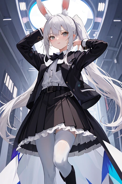 ((masterpiece:1.4,best quality))++,(Ultra-detailed)+,(best quality,Ultra-detailed,Bright colors,colorful,dynamic角度,high contrast:1.2),(anime style,a sense of atmosphere,higher details,CG rendering,vertical painting,微modern)a girl,loli,Height about 148cm,Long white hair gray eyes,With white hanging rabbit ears,Half tied double ponytail,Lop-eared rabbits,Black and white dress(Preppy style,Tight cuffs),belt,long sleeves,Skirt knee-length,暗黑loli,black shoes,white pantyhose,Holding a rabbit doll in hand,magicPreppy style,delicate face,Exquisite facial features,(from below:0.5),Fashion, Energetic,magic,French formation, clothing, pose, front, colorful, dynamic, background, element, confidence, Express, statement, Accessories, majestic, coil, around, Scenes, cover, Bold, striking,Fashion, font, catchy, striking, modern, Fashion, focus, Fashion,whole body