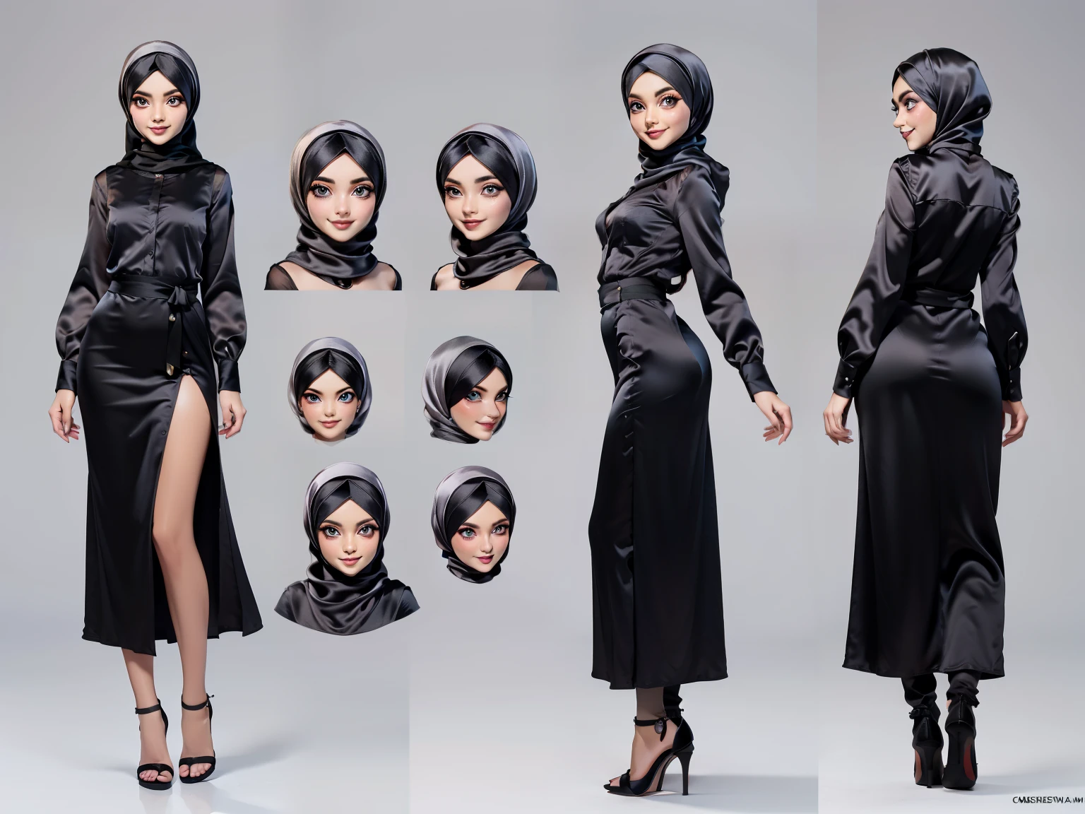 Character Design - a ((full body)) character design sheet of a beautiful hijab girl character, beautifully makeup, eyeshadow, Parted Lips, detailed eyes, beautiful big eyes, long eye lashes, smile. She's dresses ((gray satin headscarf)), loosely tide hijab style, ((Black satin shirt)), ((black satin long gown)). Cartoon style, front, side and back views