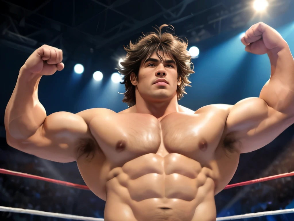 (highest quality:1.5), (masterpiece:1.5), (Professional Wrestling Venues:1.1), (Japanese:1.1), handsome, (messy hair:1.2), macho, (huge body:1.2), 36 years old, white speedo, the corners of the mouth are raised, Arms raised high, Composition from below