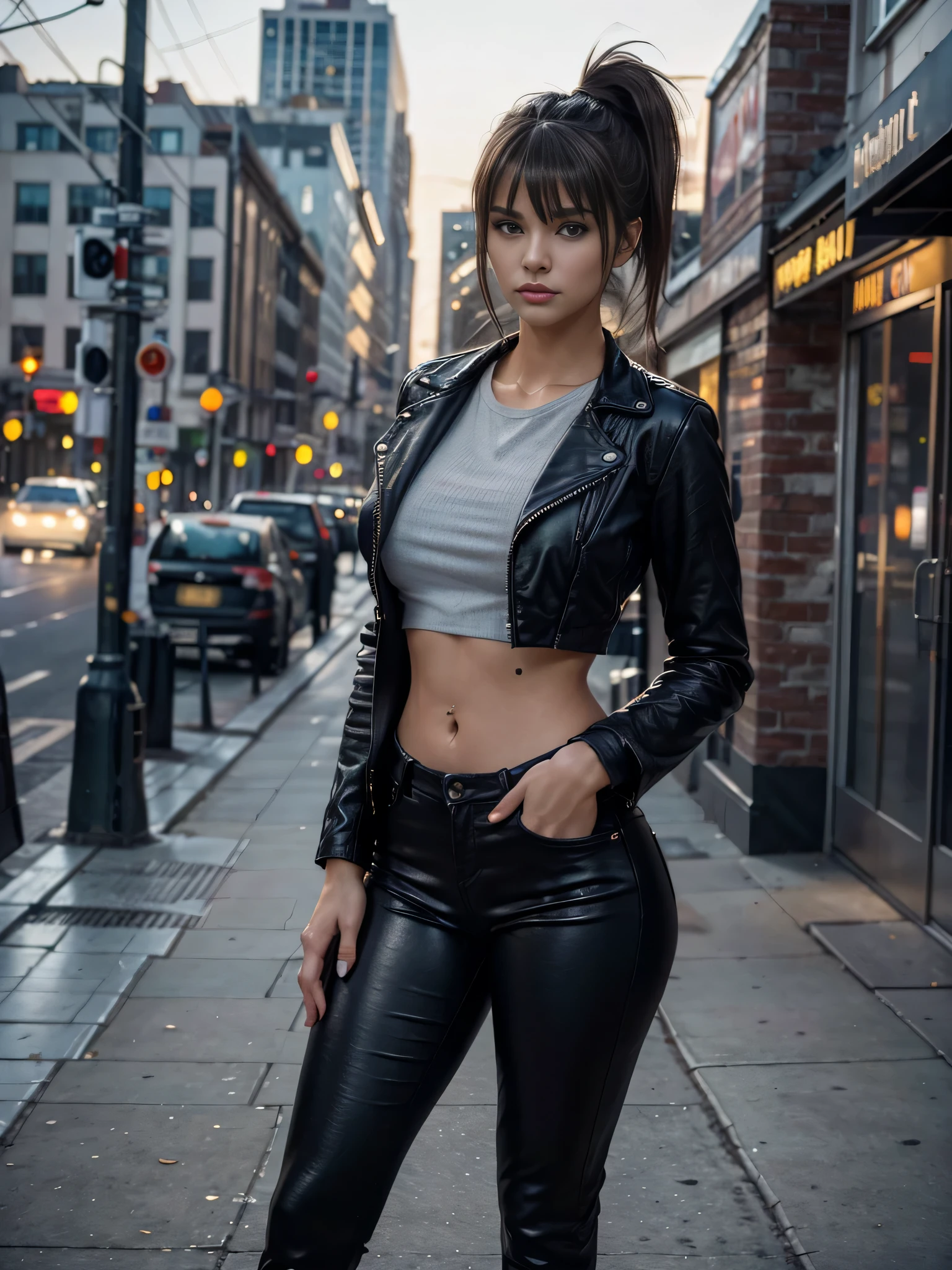 full body Realism, a 22 - year - old girl, dark hair, a ponytail on her head, bangs falling on her face, beautiful hairstyle, light makeup, dressed in a leather jacket, tight leather pants, beautiful shoes on her feet, evening city street in the background, high detail appearance, high detail hairstyle, high detail environment, high detail background, in the background is a modern city, the photo was taken with a photorealistic SLR camera, resolution full hd, depth of field, cinematic lighting, masterpiece, 16k, anatomically correct, textured skin