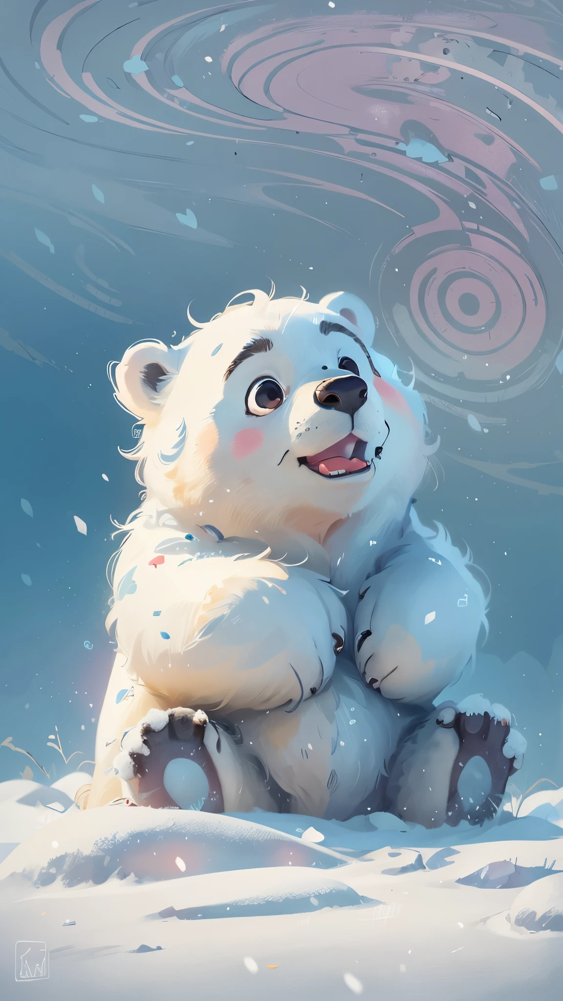 Cute polar bear is tired of playing,It lies on the snow to rest,front view,close up, Pixar style, best quality, stills, very cute, big eyes, Very happy,high details, high quality, masterpiece, ccurate, super detail,